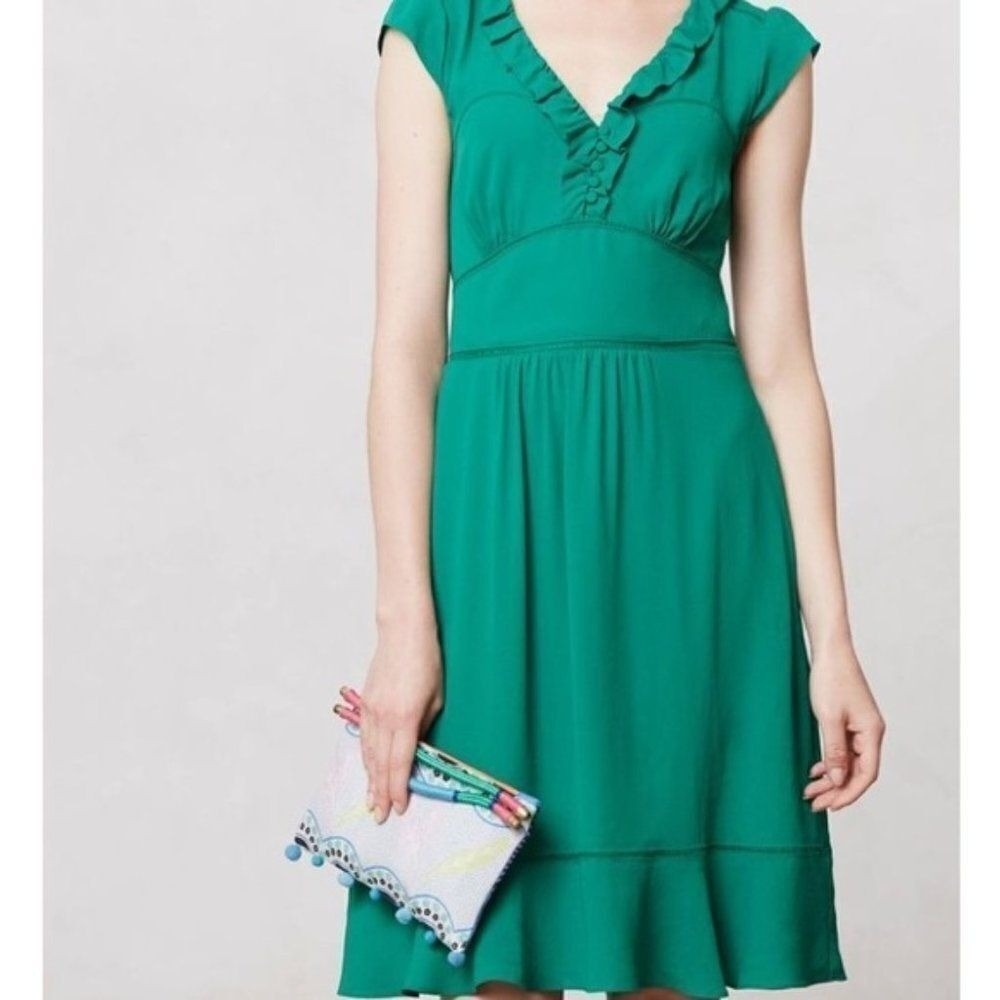 Maeve Anthropologie Green Ruffle V-Neck Ladder Lace Fit Flare Dress Size 0